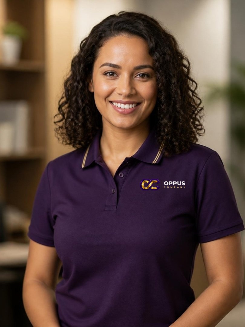 Sofia, funcionária digital da Oppus Company, de polo roxo com a logo da Oppus Company